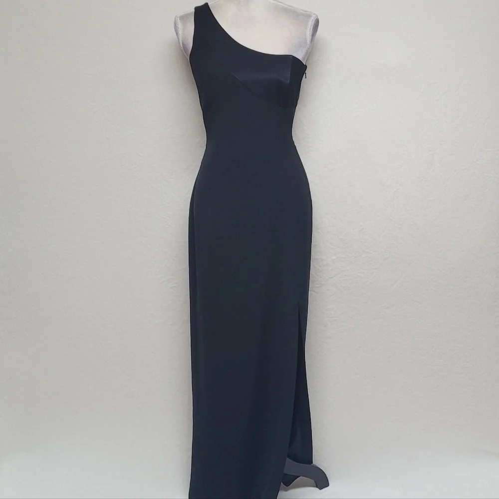 Vintage Andrea Polizzi Black Satin Crepe One-Shoulder Thigh Slit Backless Gown 6 - Picture 4 of 12